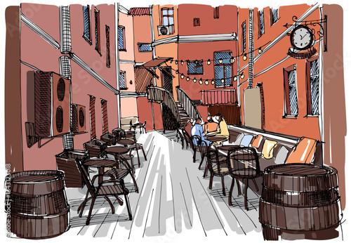 Cozy Street with Restaurants in the Old Town. Solo Travel Concept. Hand-Drawn Sketch, Not AI
