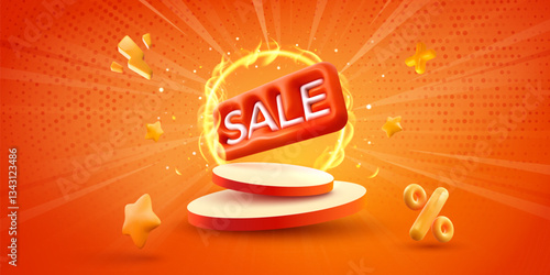 Hot summer deal with burning circle and podium on orange background. Bright sale banner, flying stars, and percentage symbols. Special offer price, shopping promotion, special offer, online shopping t