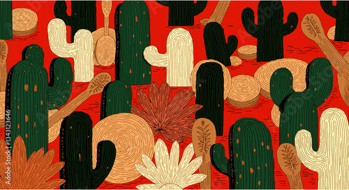 Folk Art Style Desert Cacti and Flowers in Green and Red with Textured Elements