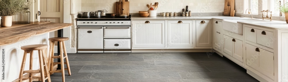 Old farmhouse kitchen with rough-textured slate flooring, nostalgic vibe Old farmhouse kitchen with rough-textured slate flooring, nostalgic vibe