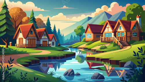 vector of tranquil landscape with a flowing stream, surrounded by greenery and rustic houses nestled nearby