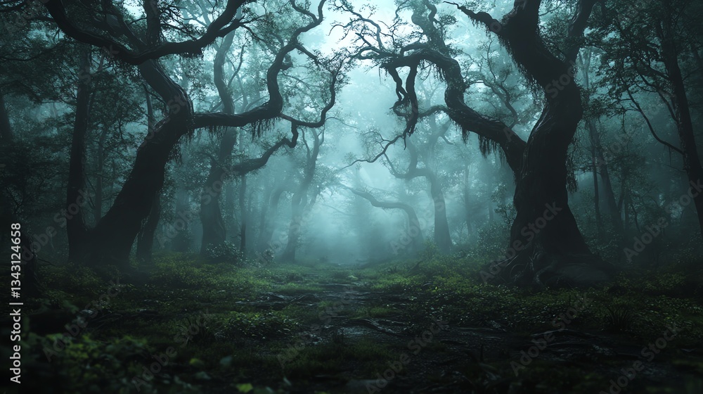Fototapeta premium Walking Path Through Mysterious Foggy Forest with Gnarled Trees Landscape