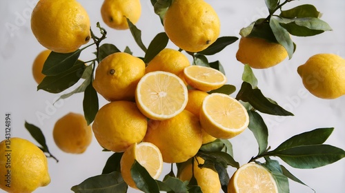 A vibrant stack of lemons on a branch is depicted, with some lemons sliced in half revealing their bright yellow interior. Sunny color and green leaves evoke a refreshing, citrusy vibe.