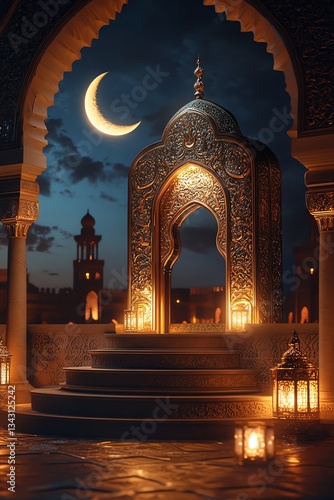 Ornate Archway with Crescent Moon and Lanterns Illuminating Middle Eastern Night