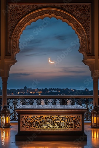Ramadan Crescent Moon View Through Ornate Archway with Glowing Lanterns