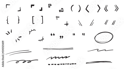 Hand drawn set of black doodle style brackets or marker divider underlines. Vector illustration isolated on white background.