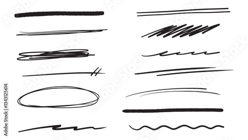 Hand drawn set of black doodle style marker divider underlines. Vector illustration isolated on white background.