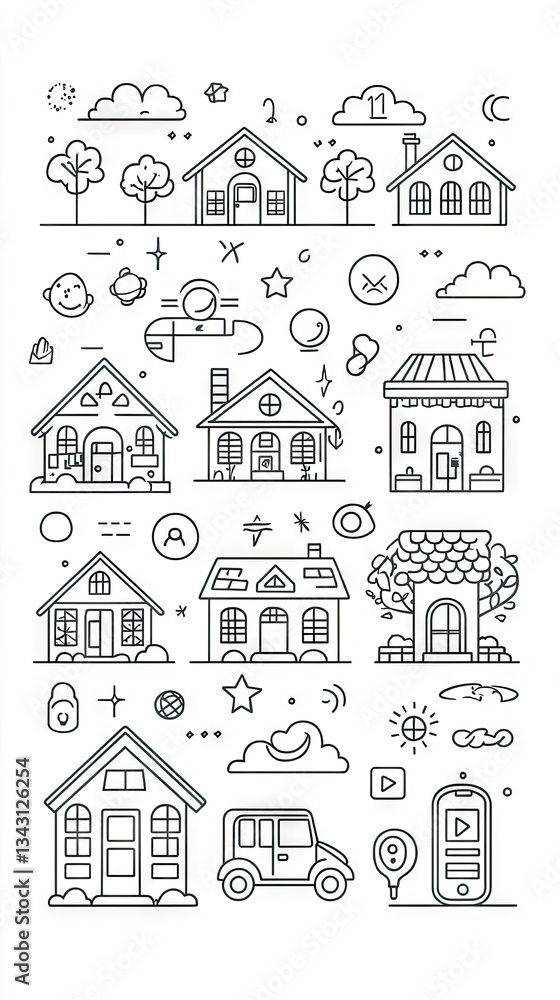 Fototapeta premium Line art illustration of various houses and urban elements