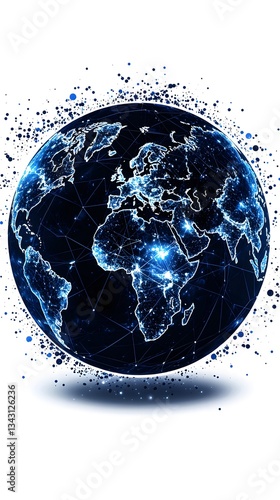 A digital globe showcases a complex global supply chain network with interconnected lines illustrating international trade and logistics partnerships across continents.