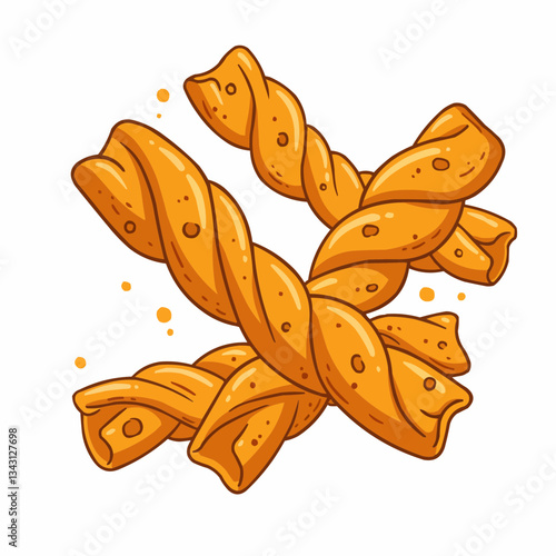 Colorful twisted breadsticks on a white background, ideal for food marketing