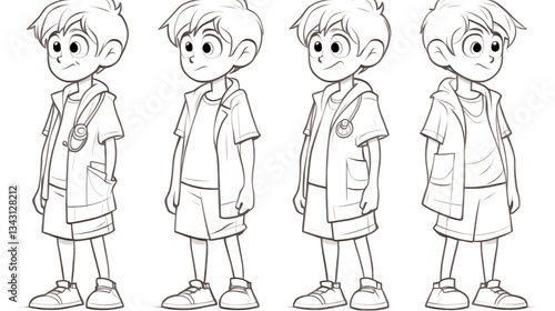 Boy character sketches, standing in several expressions