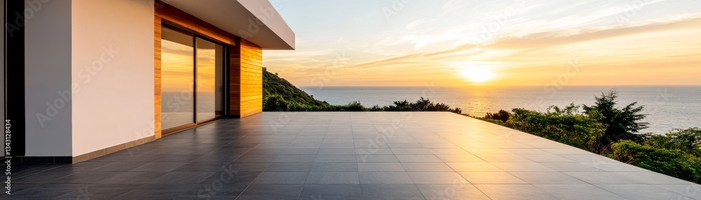 Obraz premium Luxury villa terrace with large-format slate tiles, overlooking a scenic ocean sunset