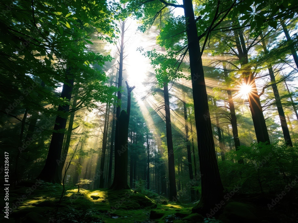 Fototapeta premium Sunbeams in a Lush Green Forest