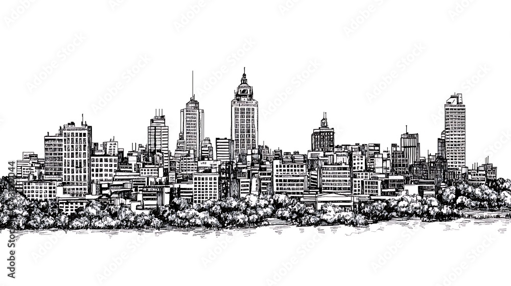 Naklejka premium City skyline in black and white, urban sketch art, drawing of buildings, for background