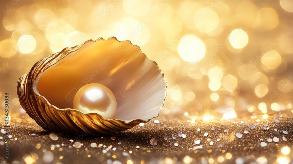Fototapeta premium Golden Pearl Resting in Open Seashell on Glittering Gold Background with Bokeh Lights
