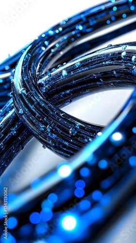 Abstract 3D rende of a complex interconnected global supply chain network visualized as glossy blue intertwined s with water droplets, symbolizing global trade and