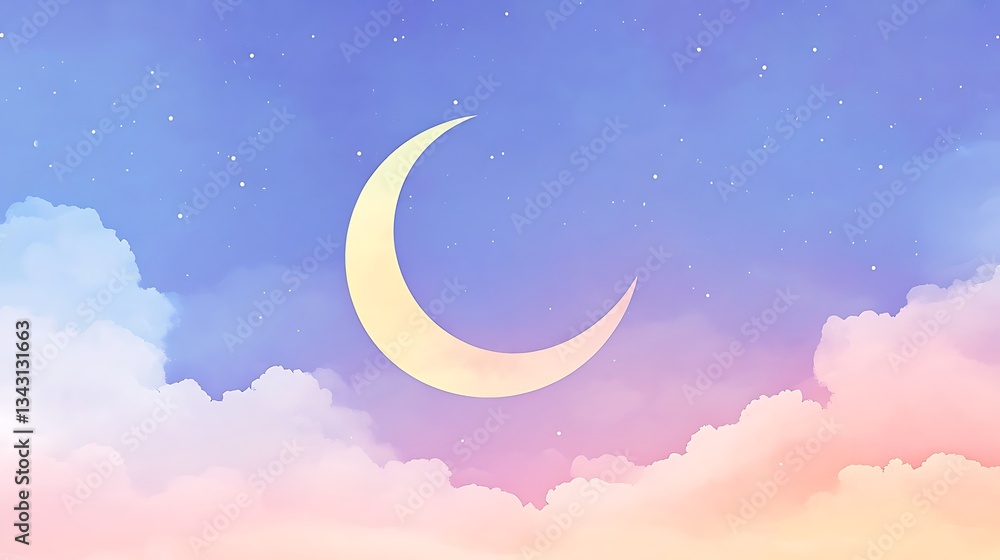 Naklejka premium Dreamy Crescent Moon and Pastel Clouds at Twilight