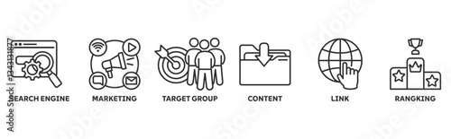 Search Engine Marketing (SEM) icon set illustration concept with icons of search engine, marketing, target group, content, links, ranking