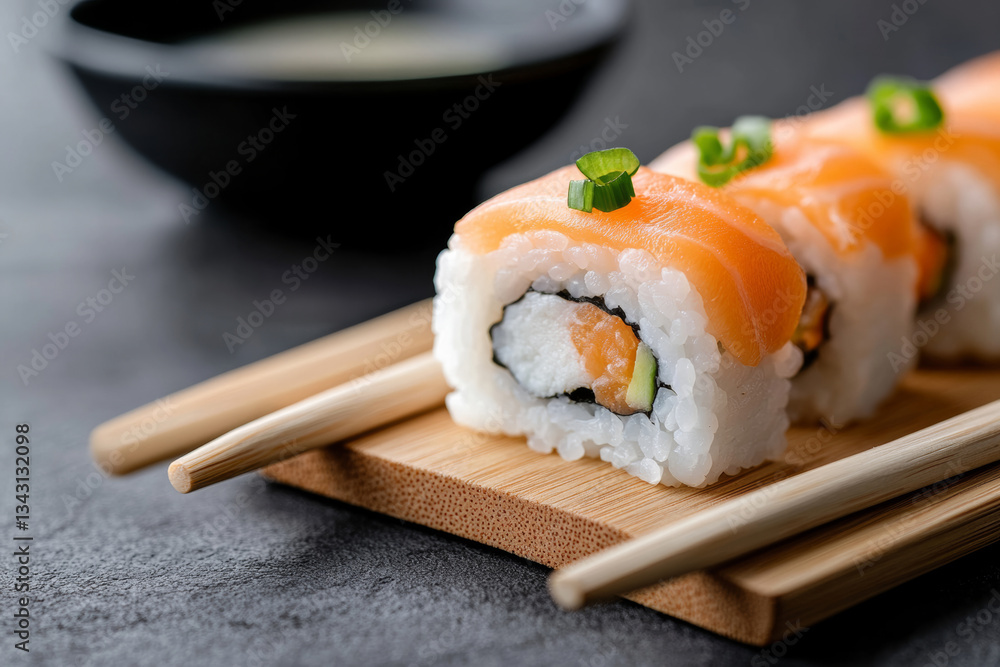 Sushi rolls with salmon and cucumber on wooden board Sushi rolls with salmon and cucumber on wooden board