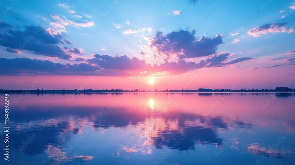 Pink sunset reflected in calm lake. Pink sunset reflected in calm lake.