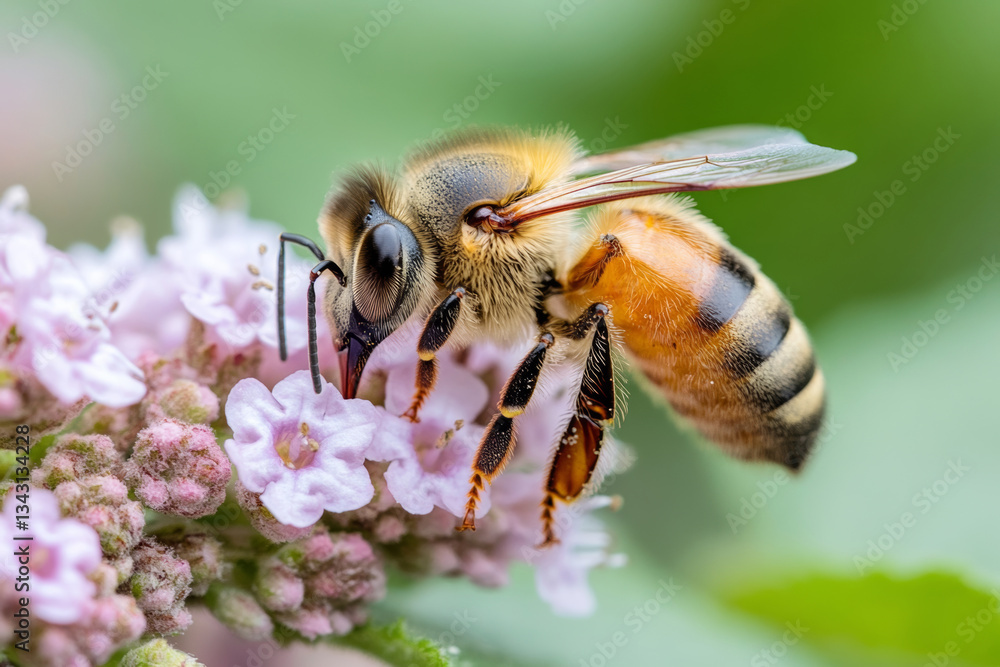 close up of bee collecting nectar from pink flowers, showcasing close up of bee collecting nectar from pink flowers, showcasing
