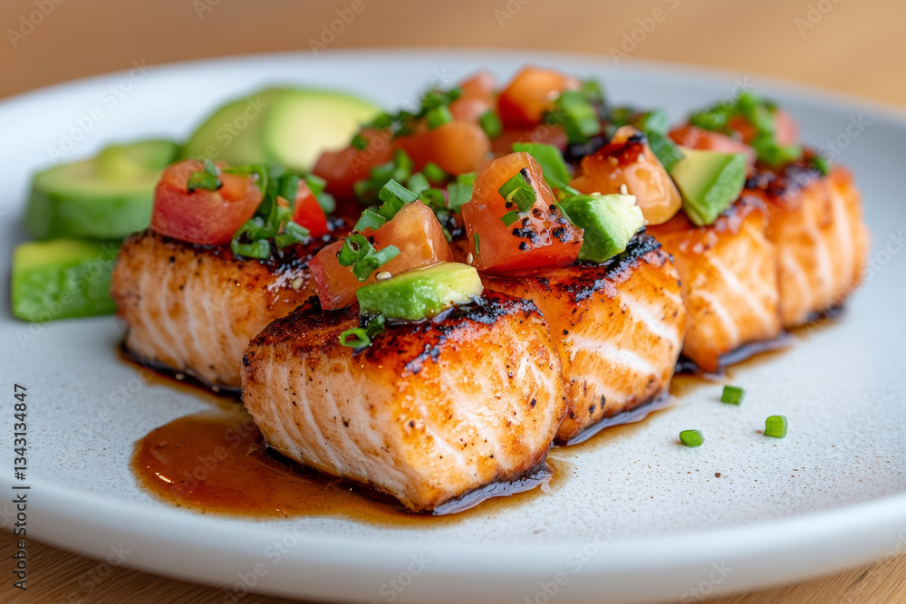 Delicious grilled salmon with fresh toppings and avocado Delicious grilled salmon with fresh toppings and avocado