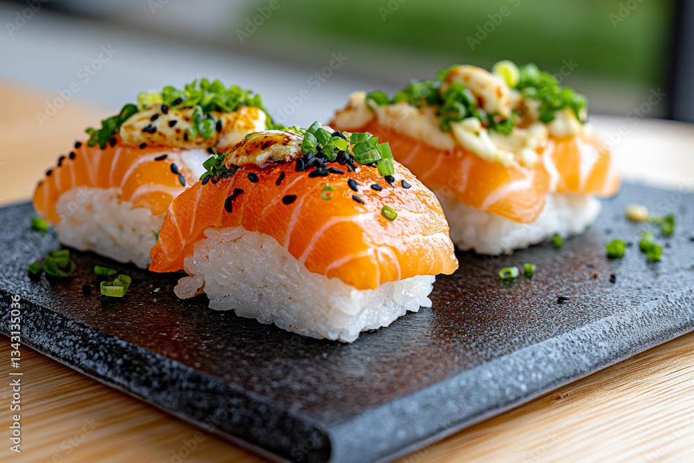 Fresh sushi with salmon and toppings Fresh sushi with salmon and toppings