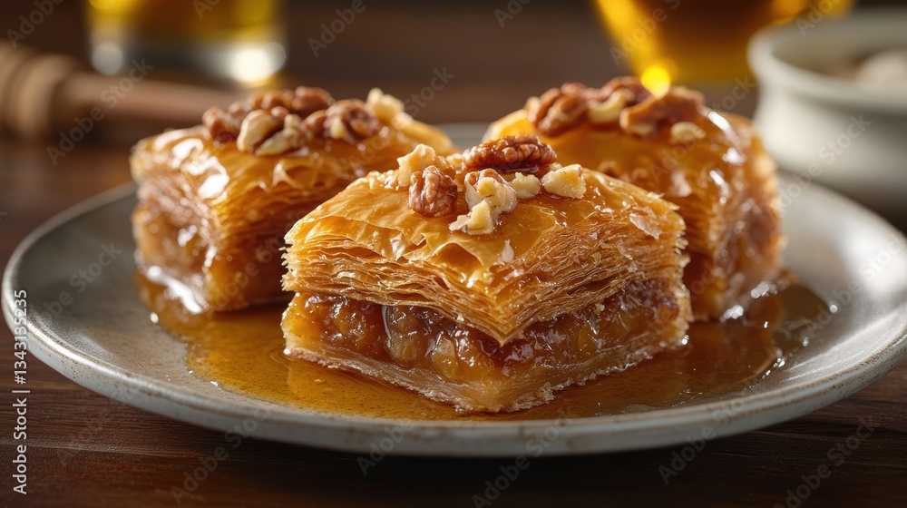 A flaky, honey-drenched Baklava, studded with walnuts and adorned with golden threads of phyllo dough, a testament to the art of Turkish baking. A flaky, honey-drenched Baklava, studded with walnuts and adorned with golden threads of phyllo dough, a testament to the art of Turkish baking.