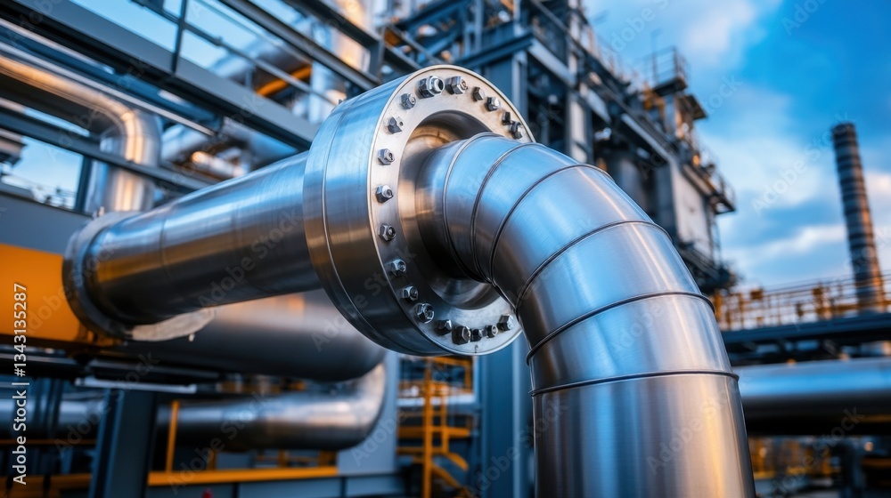 Close-up view of power plant piping system being installed in an industrial setting. Close-up view of power plant piping system being installed in an industrial setting.