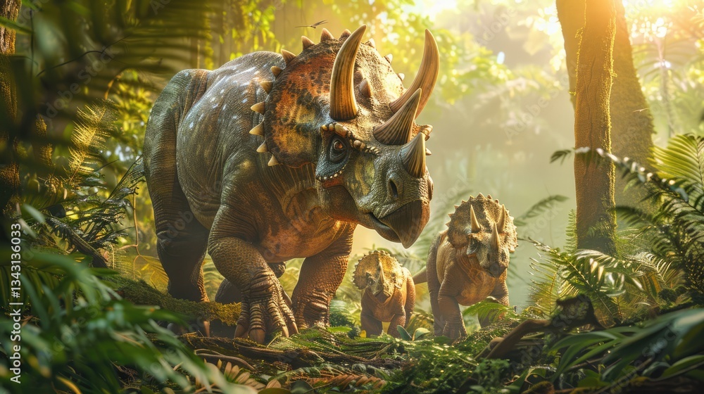 Obraz premium AI-generated majestic dinosaurs in a prehistoric landscape. Triceratops. The concept of time when dinosaurs ruled the Earth.
