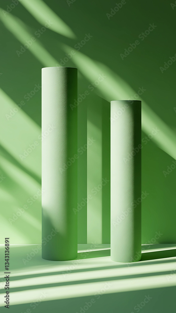 Obraz premium Two green columns with shadows on background, mockup for product display