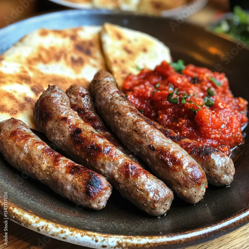 Grilled sausages are arranged on a plate with flatbread and a red relish