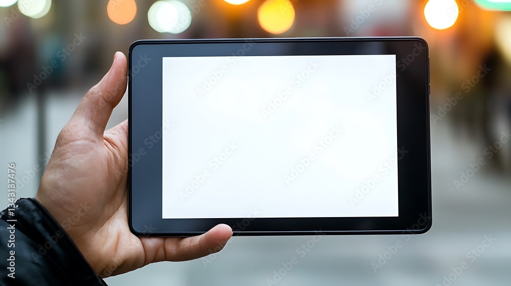 Tablet Device with Blank Screen Held by a Hand in Urban Setting Tablet Device with Blank Screen Held by a Hand in Urban Setting