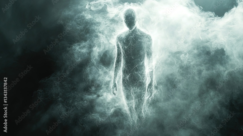 Abstract human figure made of light and smoke, dissolving into the air Abstract human figure made of light and smoke, dissolving into the air