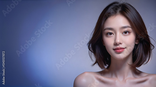 Beauty portrait of a beautiful young woman with glowing skin. Beautiful real face, beauty image.輝く肌を持つ美しい若い女性のビューティーポートレート。美しい素顔、美容イメージ。