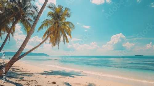 Exotic beach  palms  sea and sky. Traveling  tourism and vacation concept. Beautiful sunset light. Ai generated video.