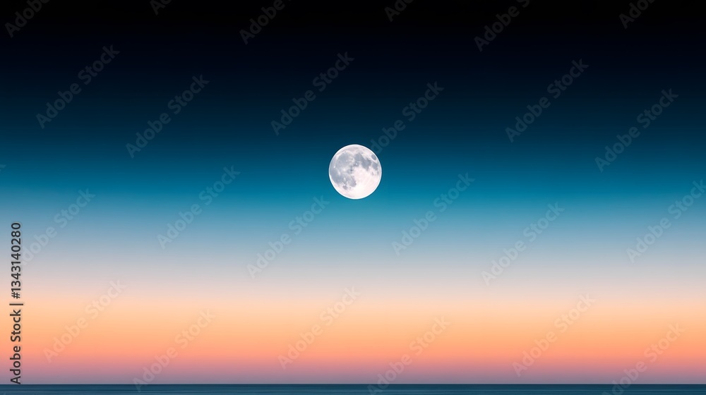 Full Moon Glowing Brightly in the Night Sky Above an Orange and Blue Horizon. Full Moon Glowing Brightly in the Night Sky Above an Orange and Blue Horizon.