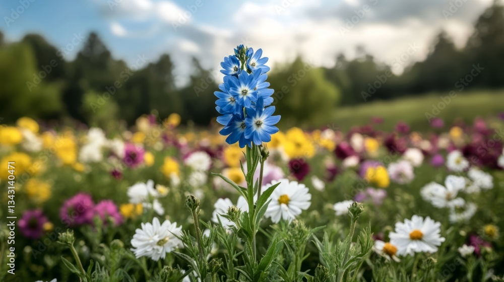 Elegant A cluster of bright blue wildflowers standing tall amidst a super bloom surrounded by a sea of multicolored blossoms in full bloom Elegant A cluster of bright blue wildflowers standing tall amidst a super bloom surrounded by a sea of multicolored blossoms in full bloom