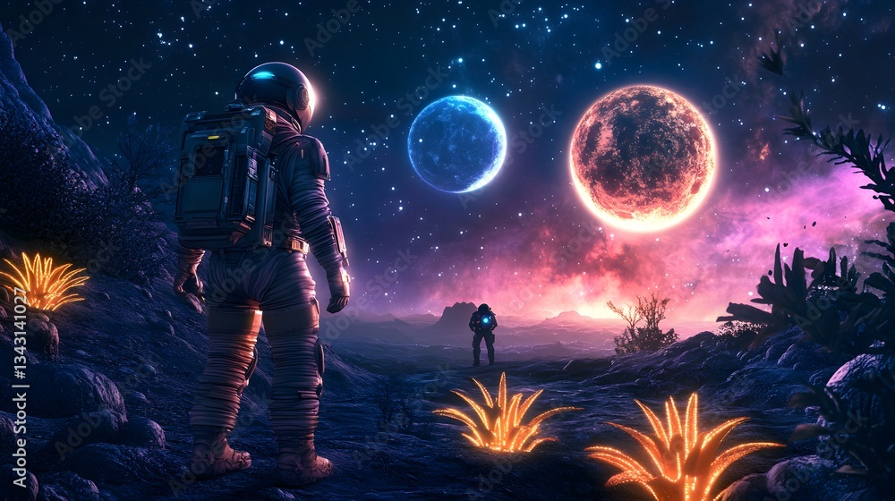 Obraz premium A breathtaking alien planet landscape with two moons in the sky, glowing plants, and an explorer in a spacesuit walking toward an ancient alien structure.