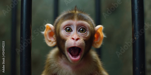 Baby monkey with wide eyes and open mouth looking shocked and curious, making a funny and expressive meme face reaction