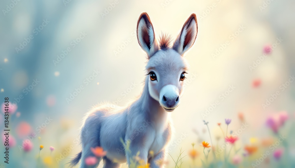 Obraz premium Adorable Donkey Foal in a Whimsical Flower Meadow