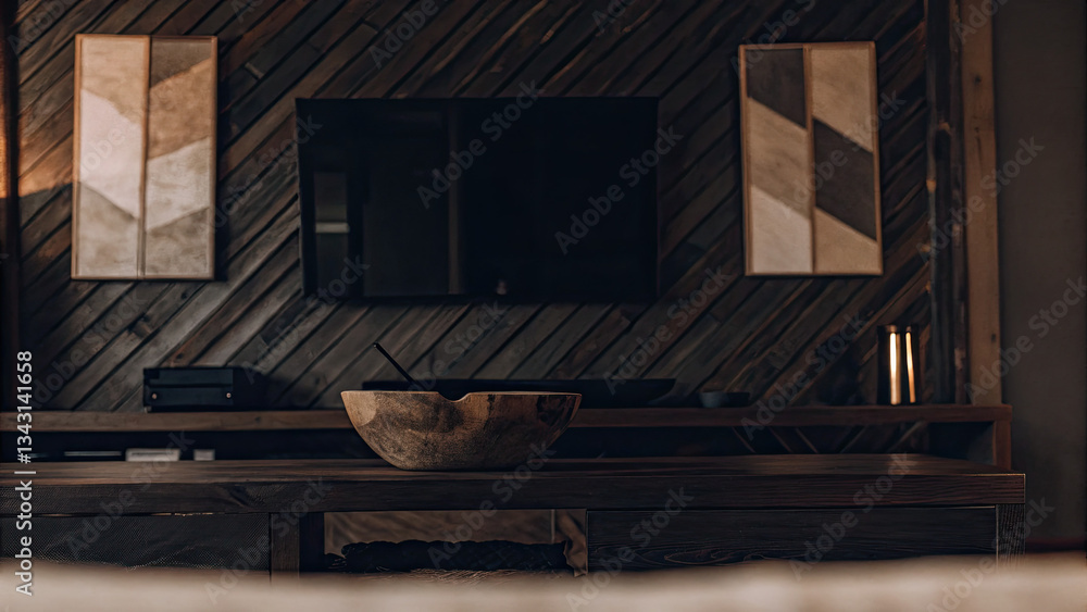 White and brown textured wall with modern abstract art, paired with a sleek wooden table and rustic bowl, creating a stylish, contemporary interior with an organic and warm ambiance. White and brown textured wall with modern abstract art, paired with a sleek wooden table and rustic bowl, creating a stylish, contemporary interior with an organic and warm ambiance.