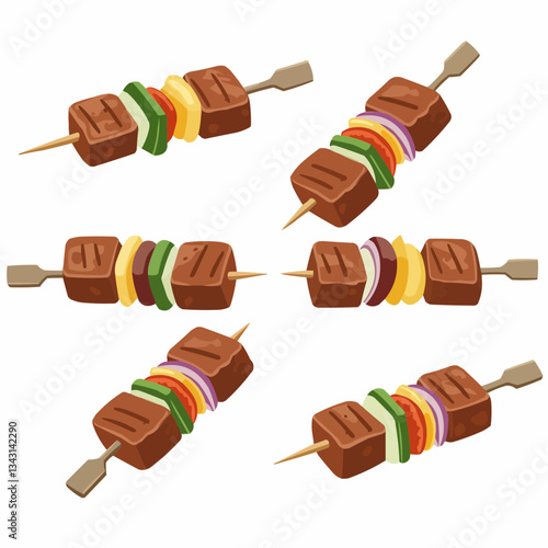 Colorful skewers of grilled vegetables and meat on a white background