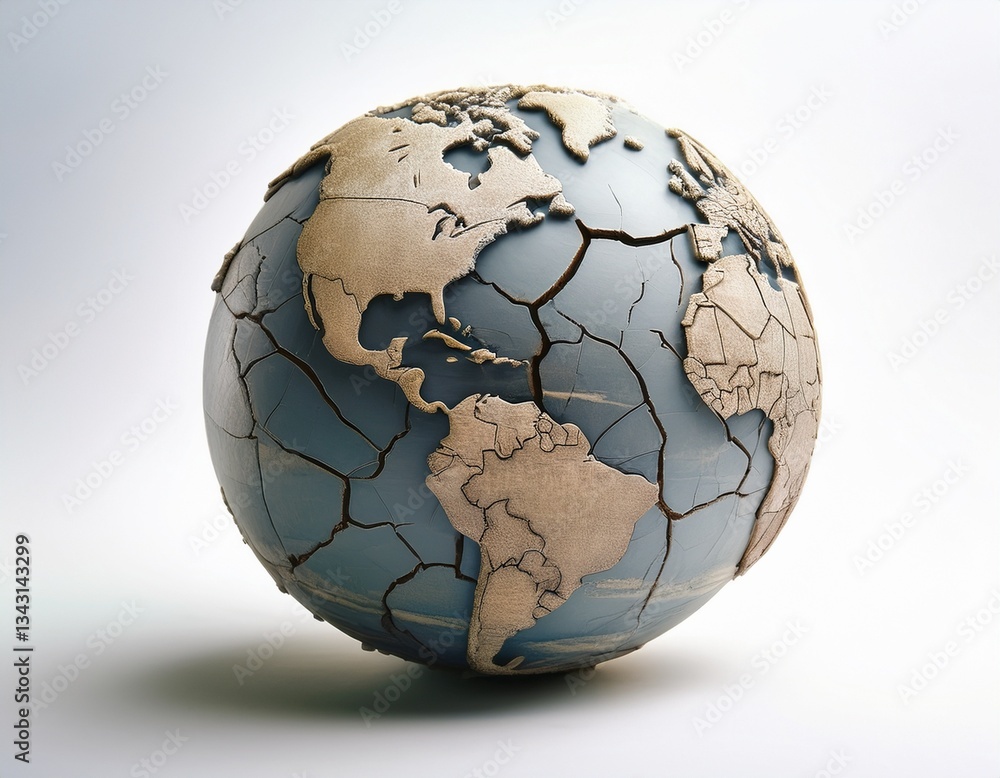 cracked globe; white background, isolate; perspective to the right side angle cracked globe; white background, isolate; perspective to the right side angle