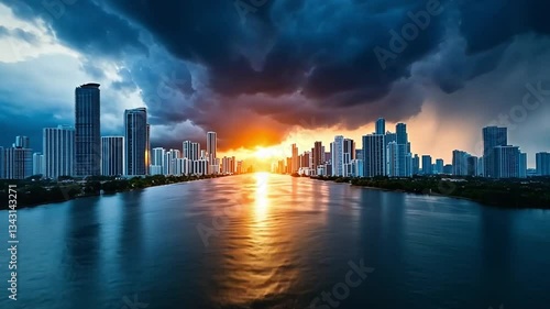 Wallpaper Mural Climate Change Impact ,Urban Climate Shift, Dramatic Coastal Cityscape at Sunset with Stormy Skies Over Urban Skyline Torontodigital.ca