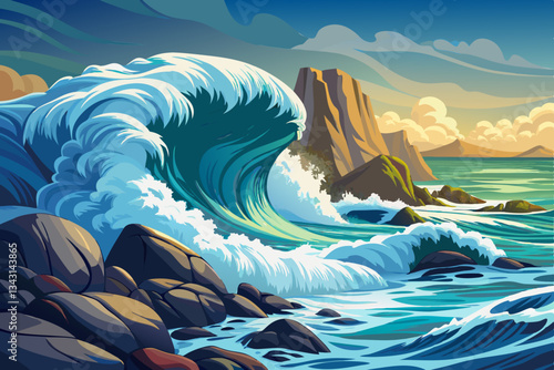 rocky beach with sea waves and stones vector illustration