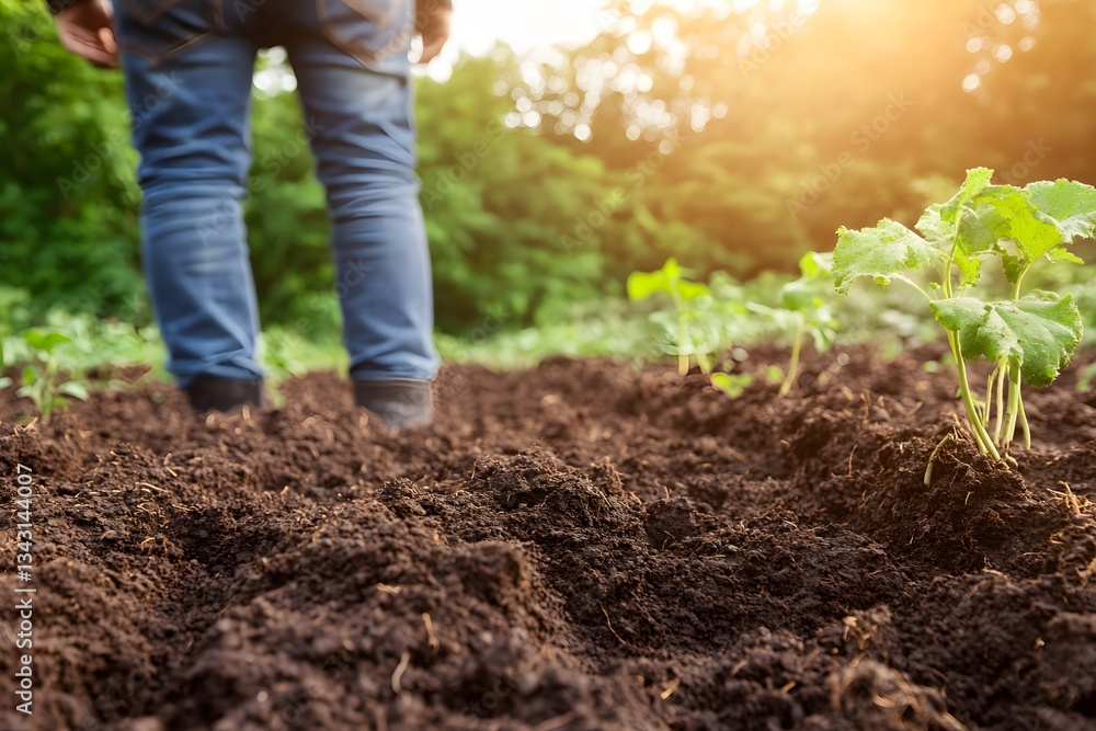 Farmer Standing in Soil with Young Plants Growing Farmer Standing in Soil with Young Plants Growing