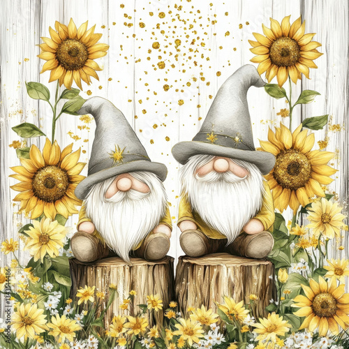 Three whimsical garden gnomes with long white beards and tall grey hats sit on wooden stumps, surrounded by vibrant sunflowers and green leaves. The background features a rustic white wood panel