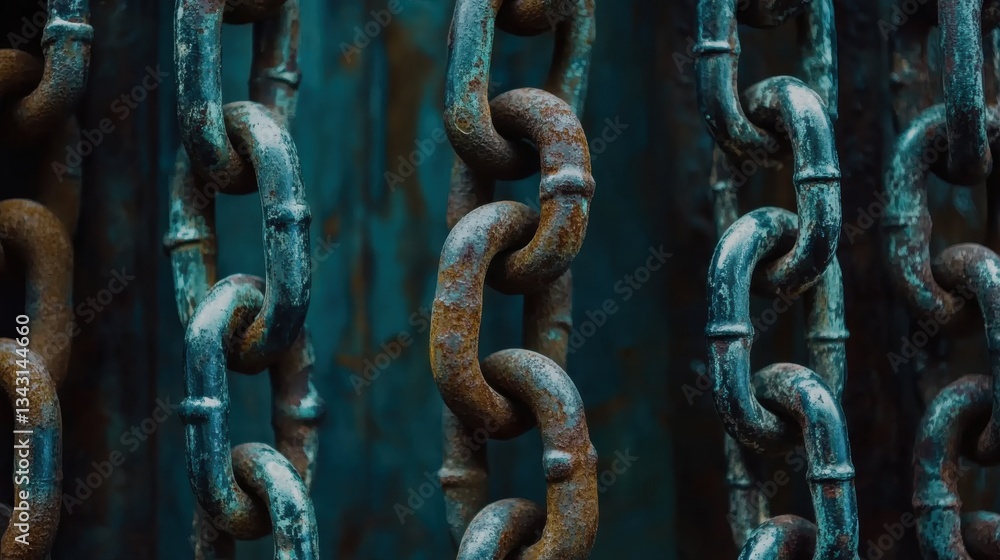 Rusty Chains on Weathered Metal Surface in Textured Background Rusty Chains on Weathered Metal Surface in Textured Background