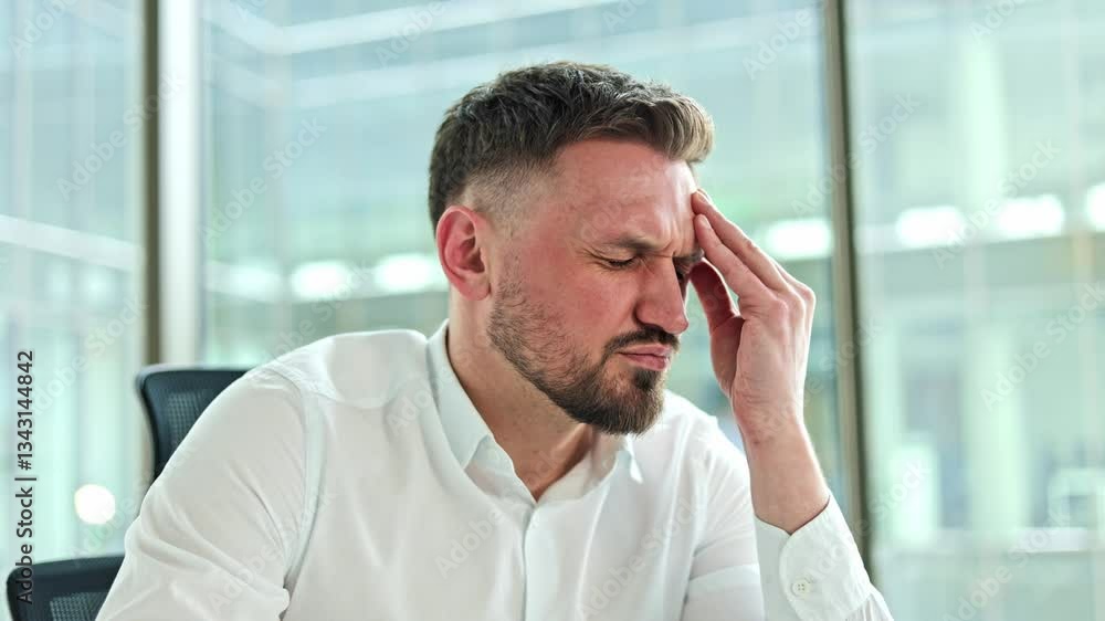 Frustrated businessman experiencing a headache in a modern office. He rubs his temples, grimacing in pain and discomfort. Frustrated businessman experiencing a headache in a modern office. He rubs his temples, grimacing in pain and discomfort.